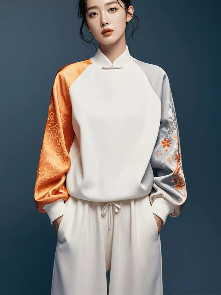 Hochwertiges, chinesisch inspiriertes Jacquard-Sweatshirt für Damen