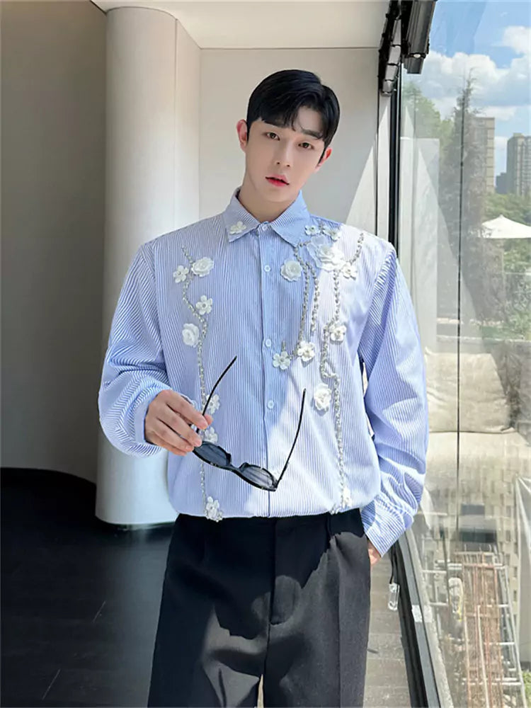 Camisa de manga larga de rayas azules con estampado floral cosida a mano de alta gama para hombre