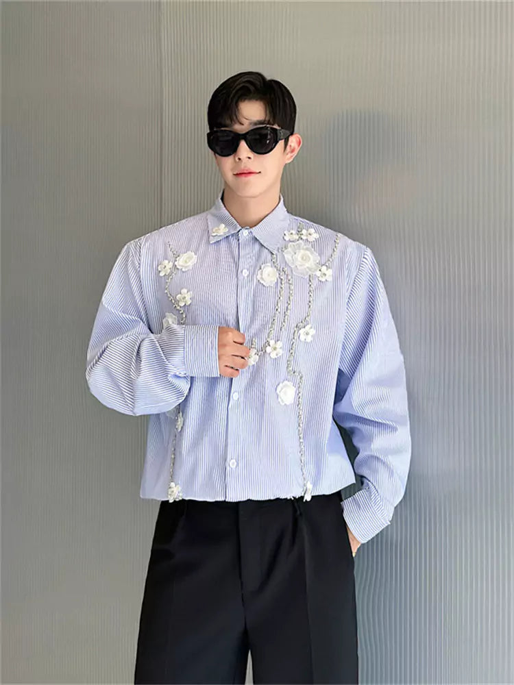 Camisa de manga larga de rayas azules con estampado floral cosida a mano de alta gama para hombre