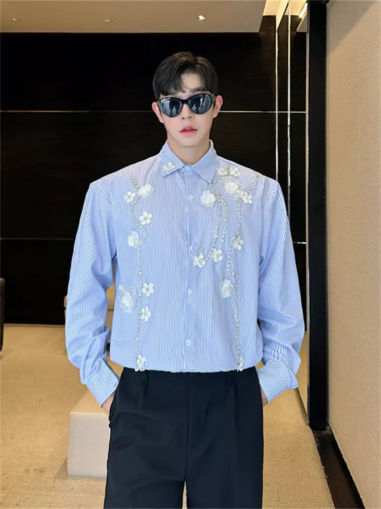 Camisa de manga larga de rayas azules con estampado floral cosida a mano de alta gama para hombre