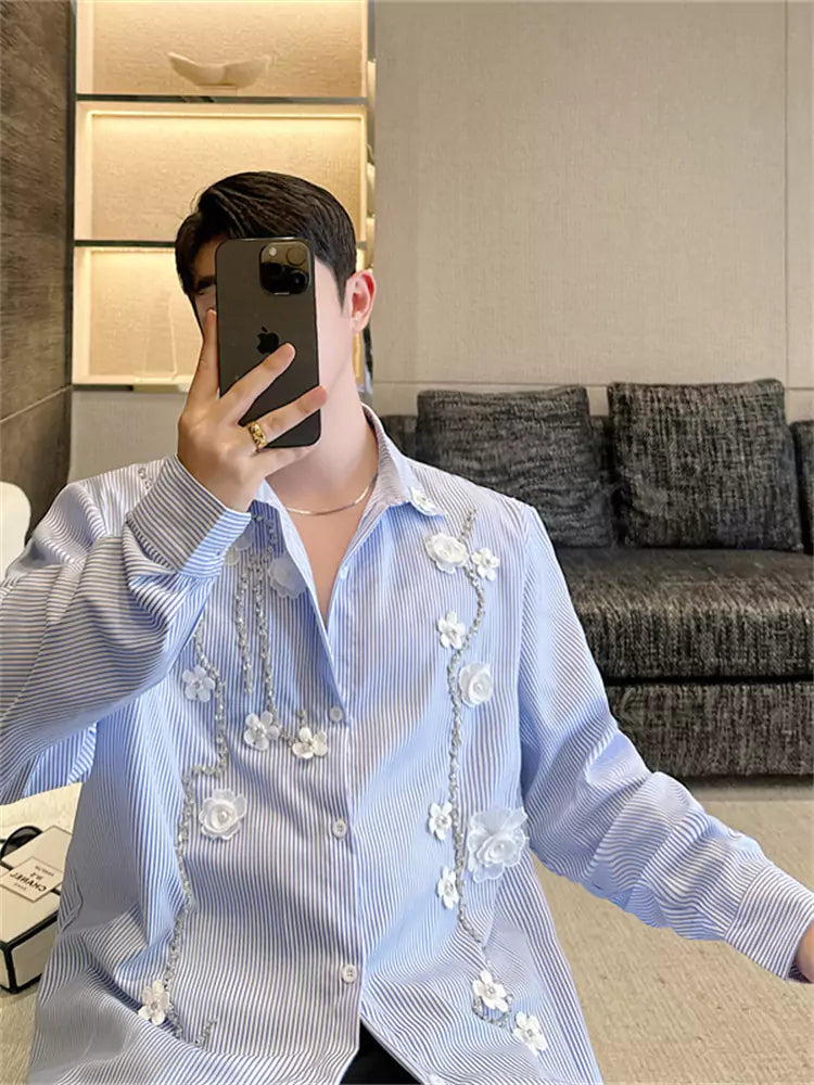 Camisa de manga larga de rayas azules con estampado floral cosida a mano de alta gama para hombre