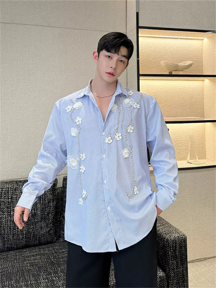 Camisa de manga larga de rayas azules con estampado floral cosida a mano de alta gama para hombre