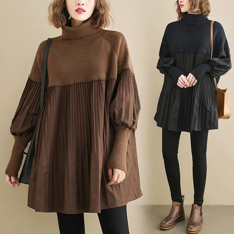 High Neck Puff Sleeve Pleated Tunic Sweater