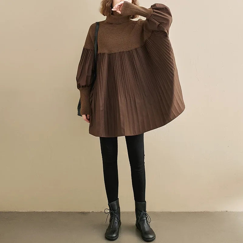 High Neck Puff Sleeve Pleated Tunic Sweater