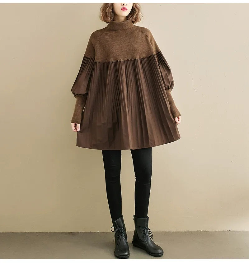 High Neck Puff Sleeve Pleated Tunic Sweater