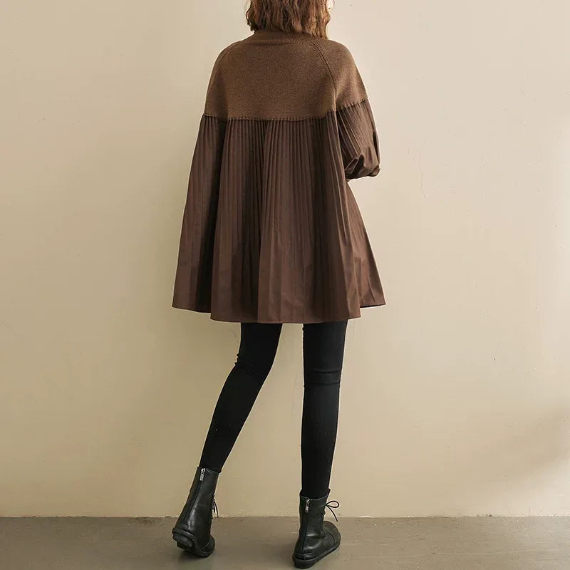 High Neck Puff Sleeve Pleated Tunic Sweater