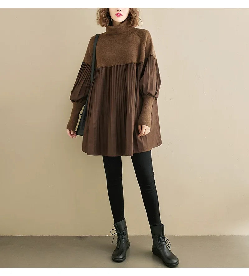 High Neck Puff Sleeve Pleated Tunic Sweater