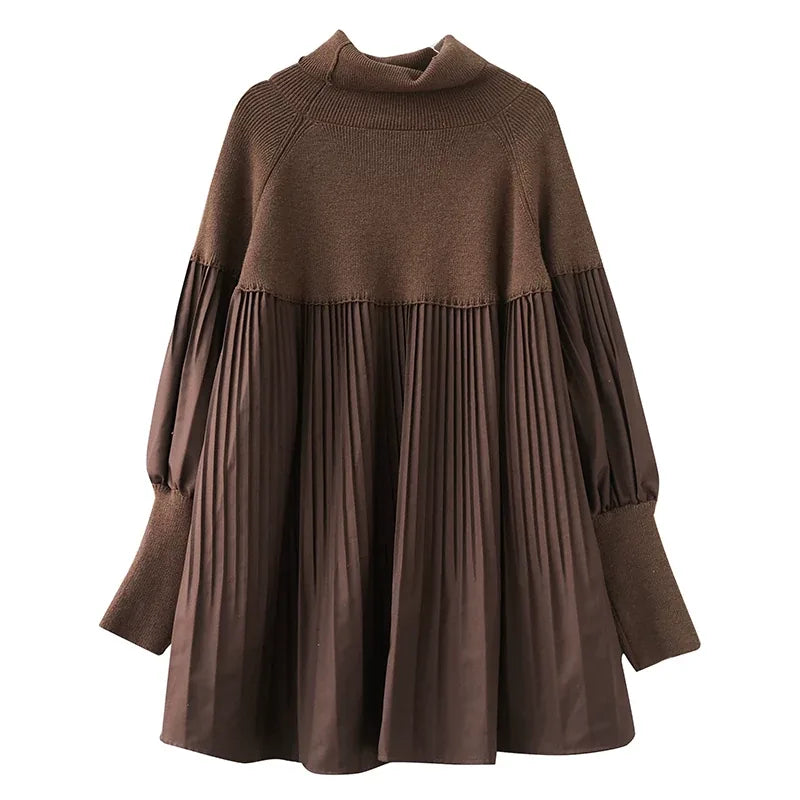 High Neck Puff Sleeve Pleated Tunic Sweater