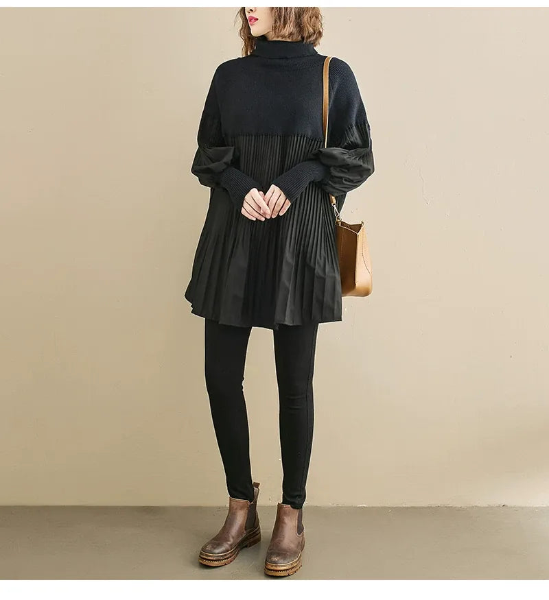 High Neck Puff Sleeve Pleated Tunic Sweater