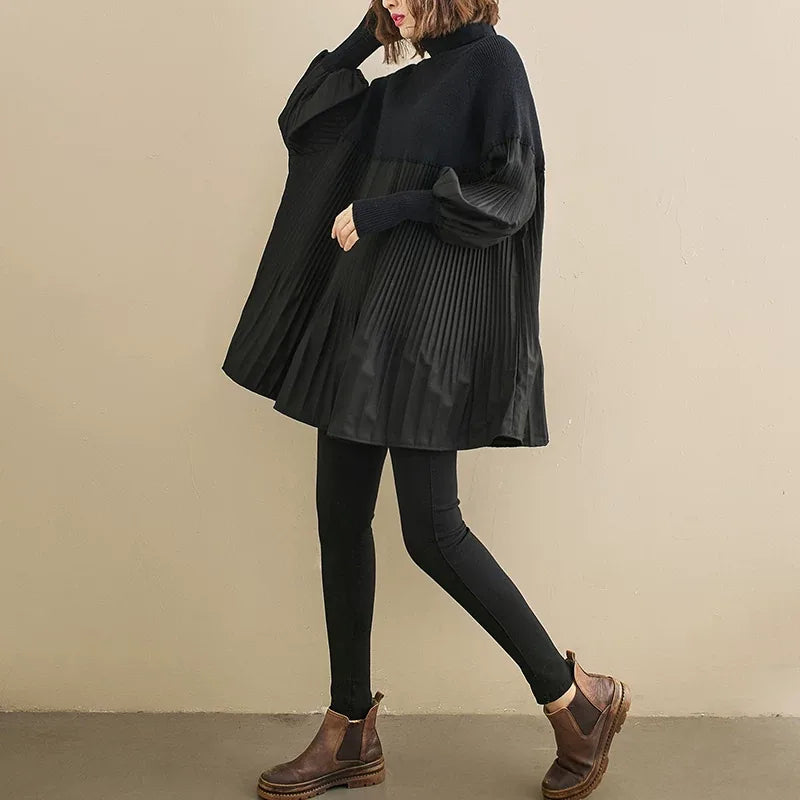 High Neck Puff Sleeve Pleated Tunic Sweater