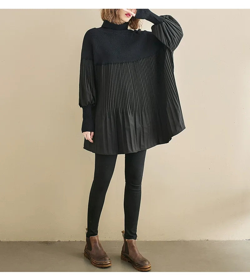 High Neck Puff Sleeve Pleated Tunic Sweater