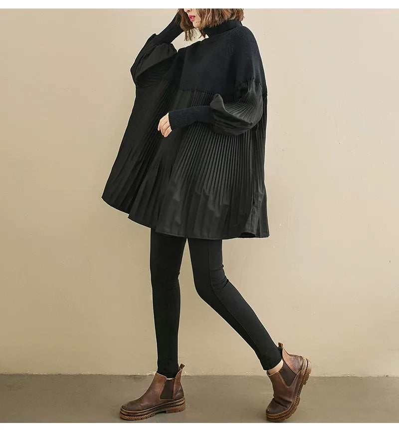 High Neck Puff Sleeve Pleated Tunic Sweater