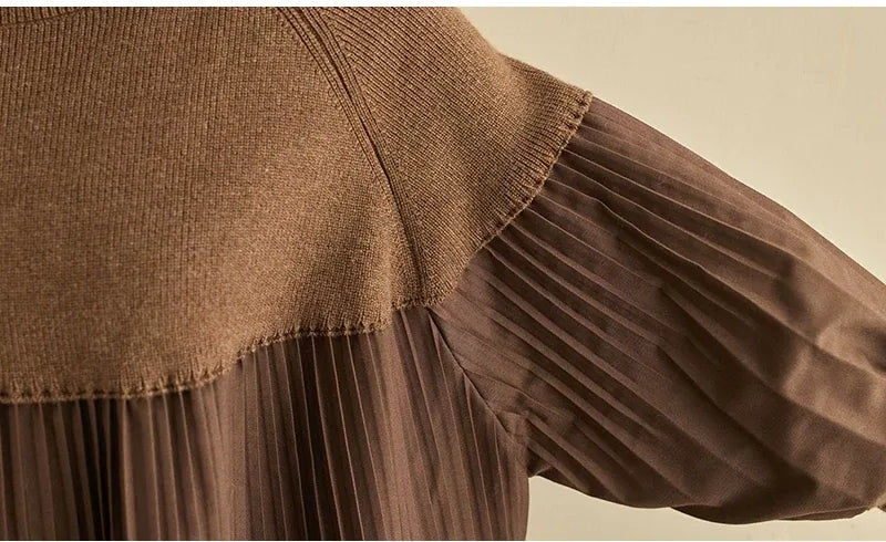 High Neck Puff Sleeve Pleated Tunic Sweater