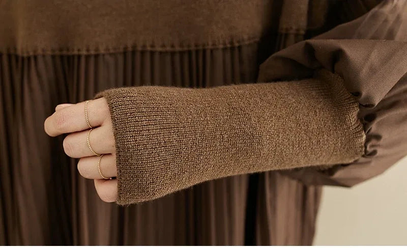High Neck Puff Sleeve Pleated Tunic Sweater