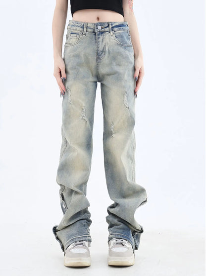 High Street Side Zipper Washed Boyfriend Jeans
