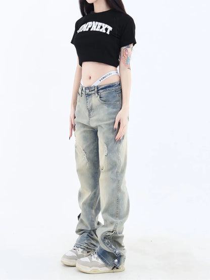 High Street Side Zipper Washed Boyfriend Jeans
