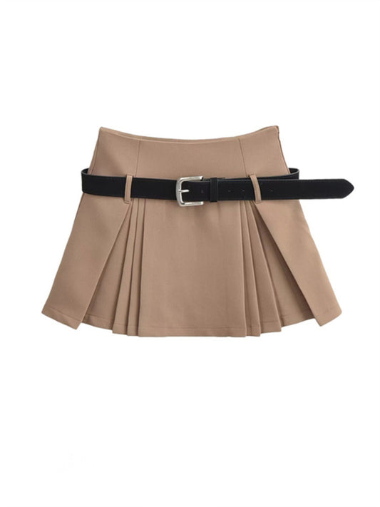 High Waist Belted Pleated Mini Skirt