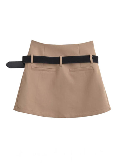 High Waist Belted Pleated Mini Skirt
