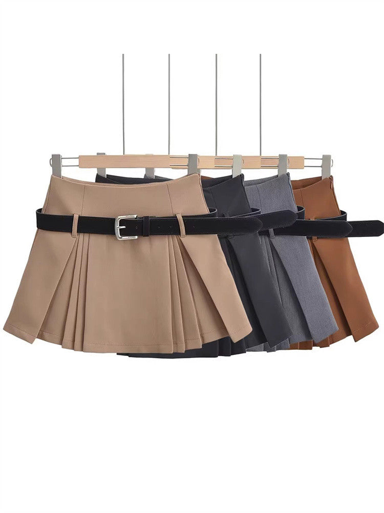 High Waist Belted Pleated Mini Skirt