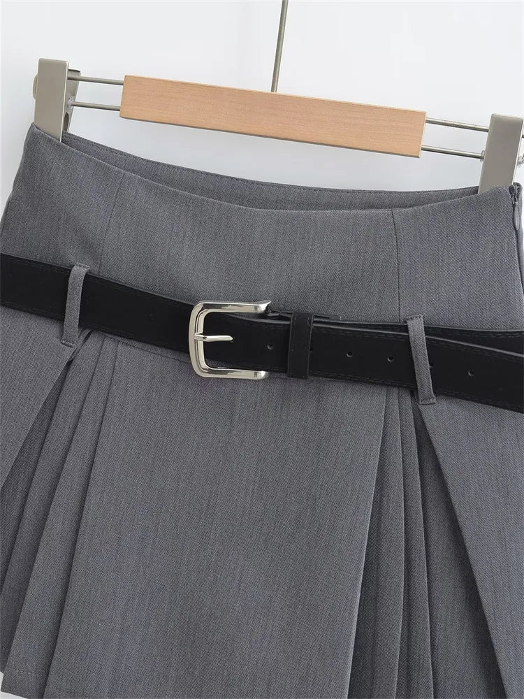 High Waist Belted Pleated Mini Skirt
