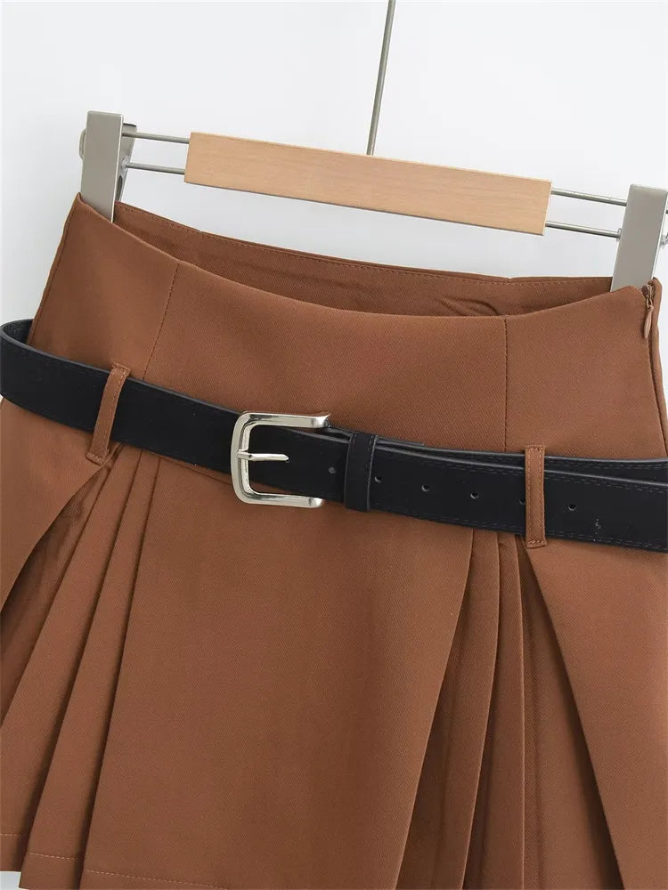 High Waist Belted Pleated Mini Skirt