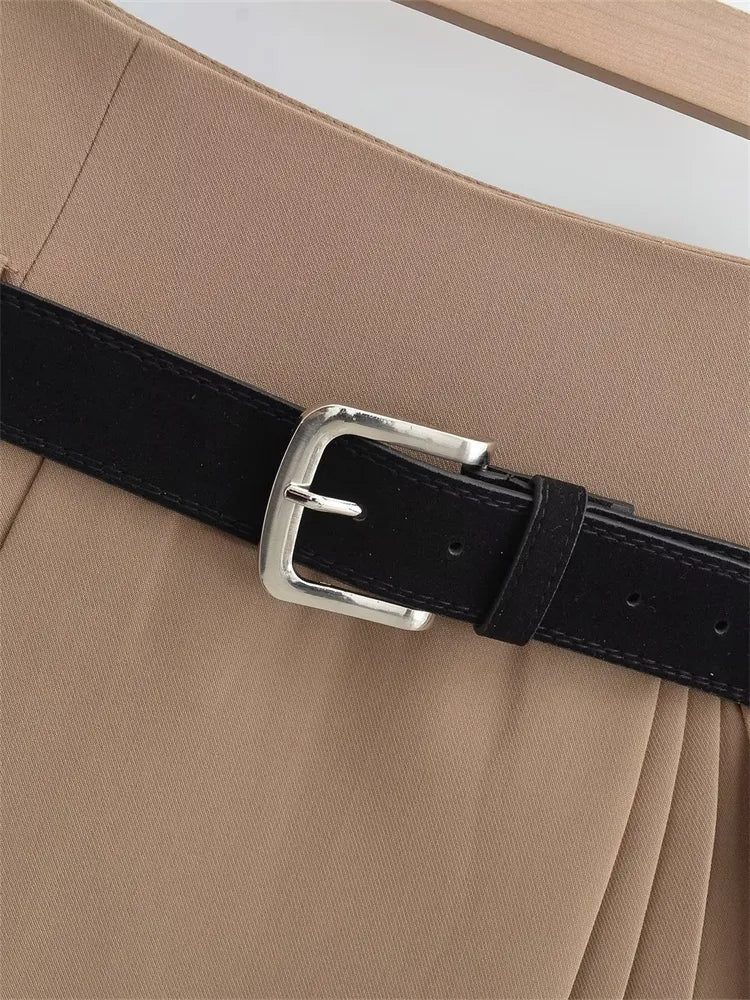 High Waist Belted Pleated Mini Skirt
