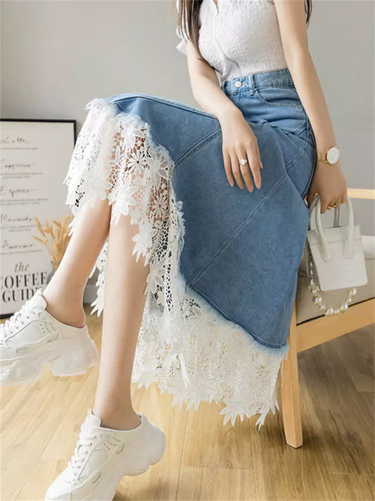 High Waisted Slim Fit Denim Midi Skirt with Lace Trim