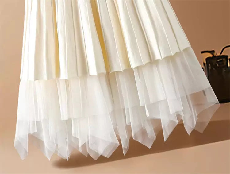 High Waist Asymmetrical Mesh Tiered A-line Flared Midi Skirt