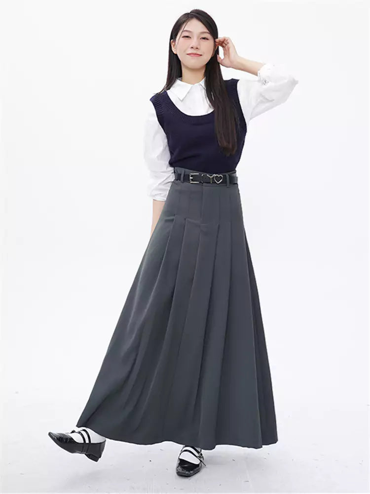 High-Waisted Pleated A-Line Suit Skirt