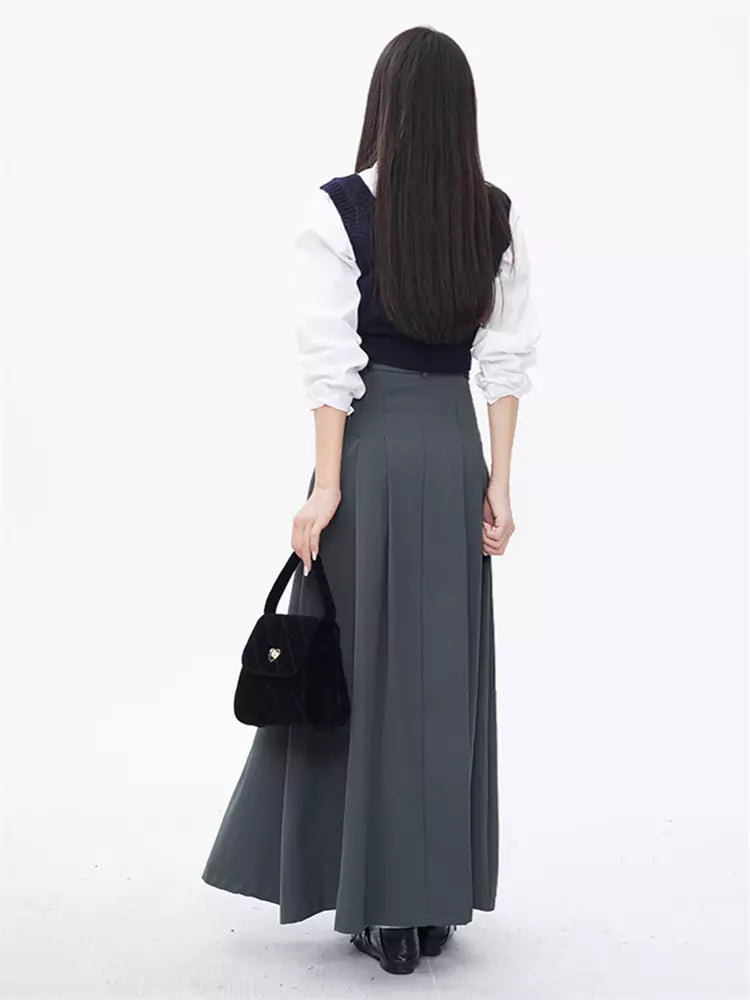 High-Waisted Pleated A-Line Suit Skirt