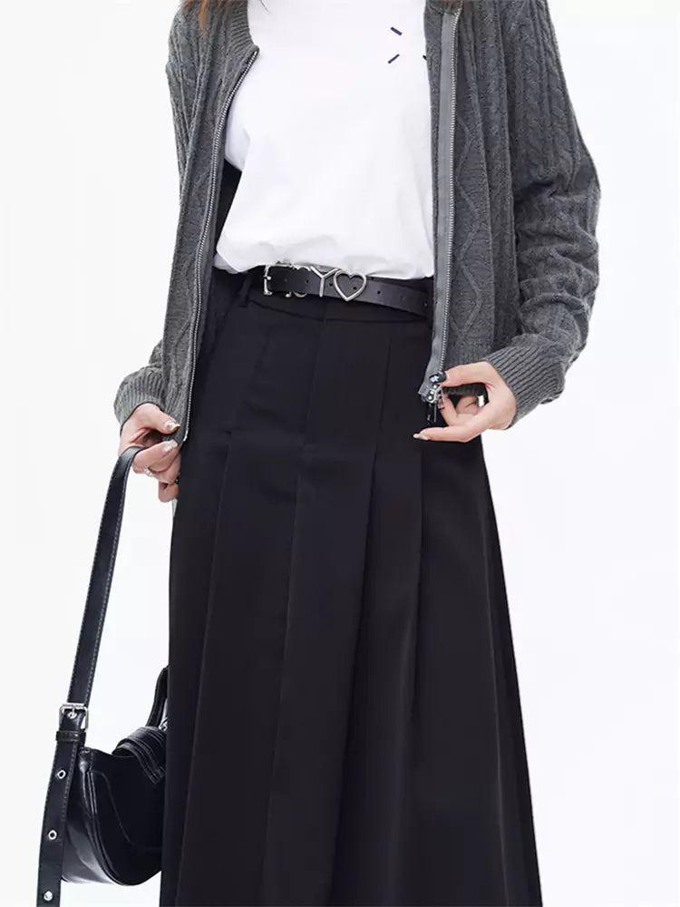 High-Waisted Pleated A-Line Suit Skirt