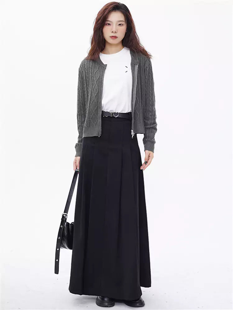 High-Waisted Pleated A-Line Suit Skirt