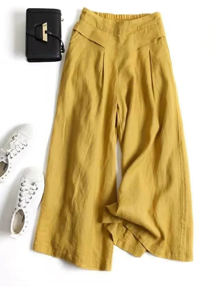 High Waisted Pleated Wide Leg Cropped Pants