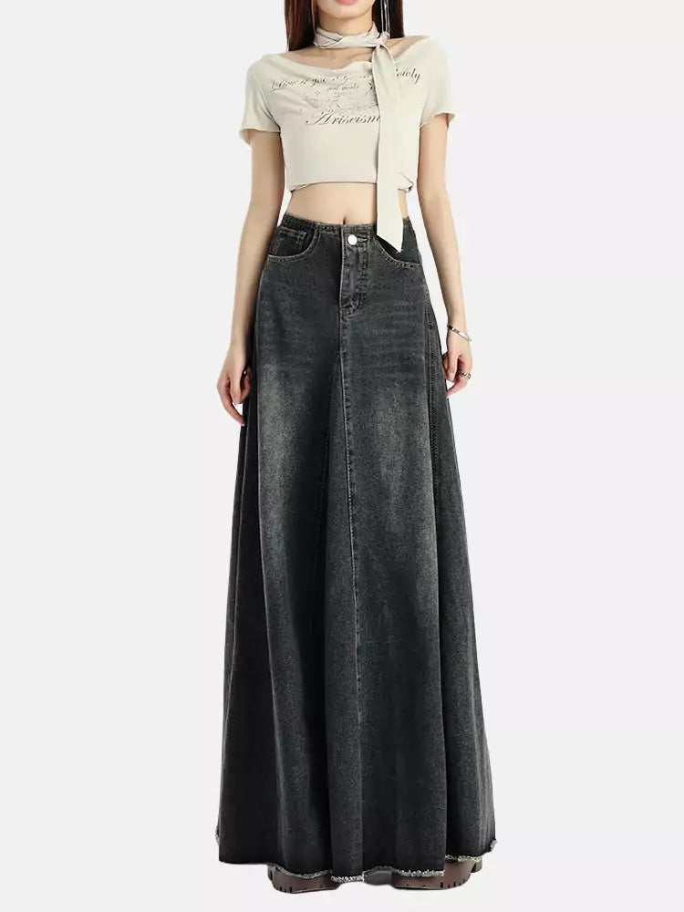 High-Waisted Slim-Fit Frayed Denim Skirt