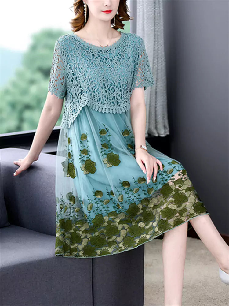 Hollow Out Lace Patchwork Floral Tulle Mid Dress Short Sleeve