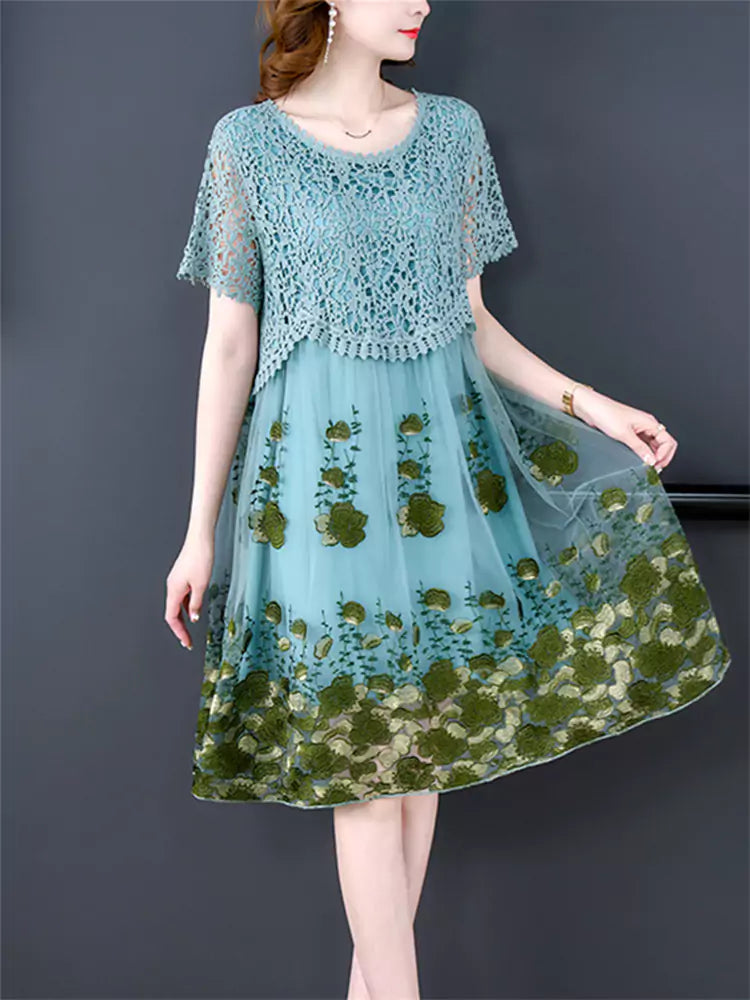 Hollow Out Lace Patchwork Floral Tulle Mid Dress Short Sleeve