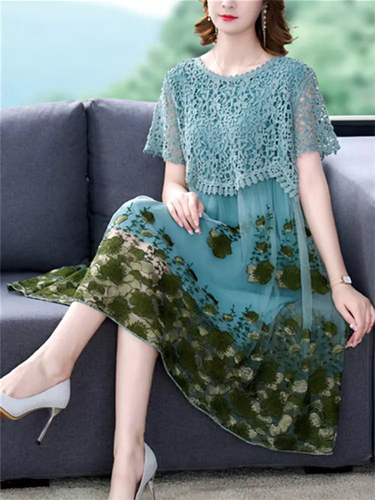 Hollow Out Lace Patchwork Floral Tulle Mid Dress Short Sleeve