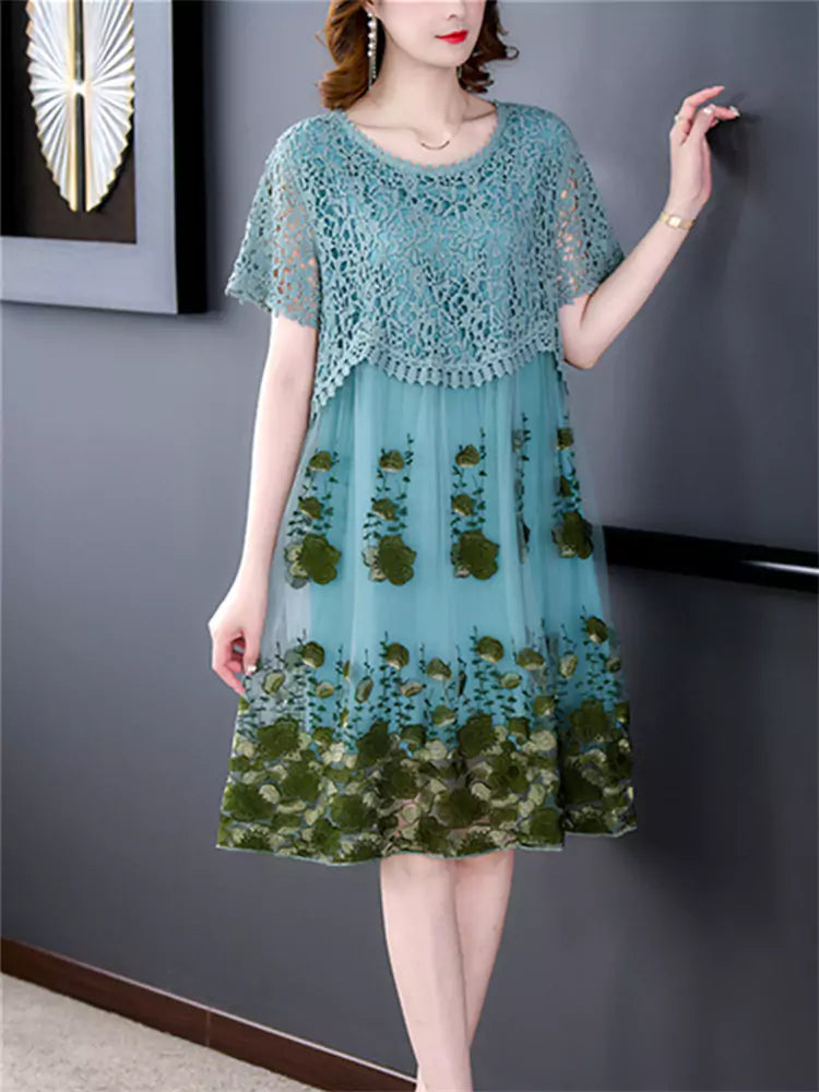 Hollow Out Lace Patchwork Floral Tulle Mid Dress Short Sleeve