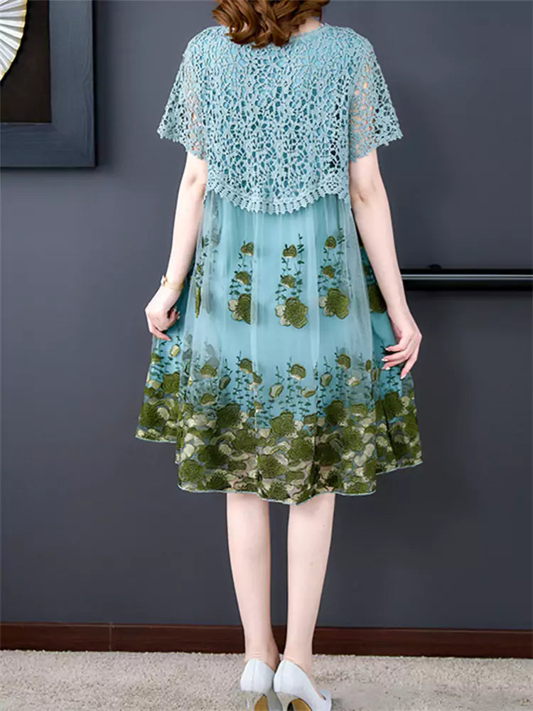 Hollow Out Lace Patchwork Floral Tulle Mid Dress Short Sleeve