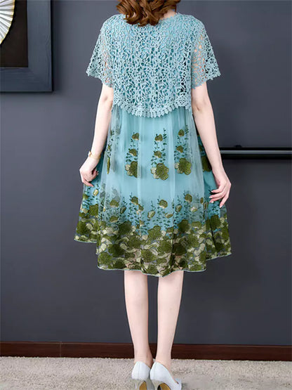 Hollow Out Lace Patchwork Floral Tulle Mid Dress Short Sleeve