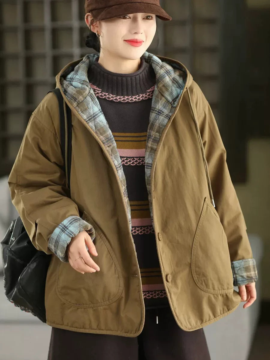 Hooded Button-Front Jacket with Plaid Lining