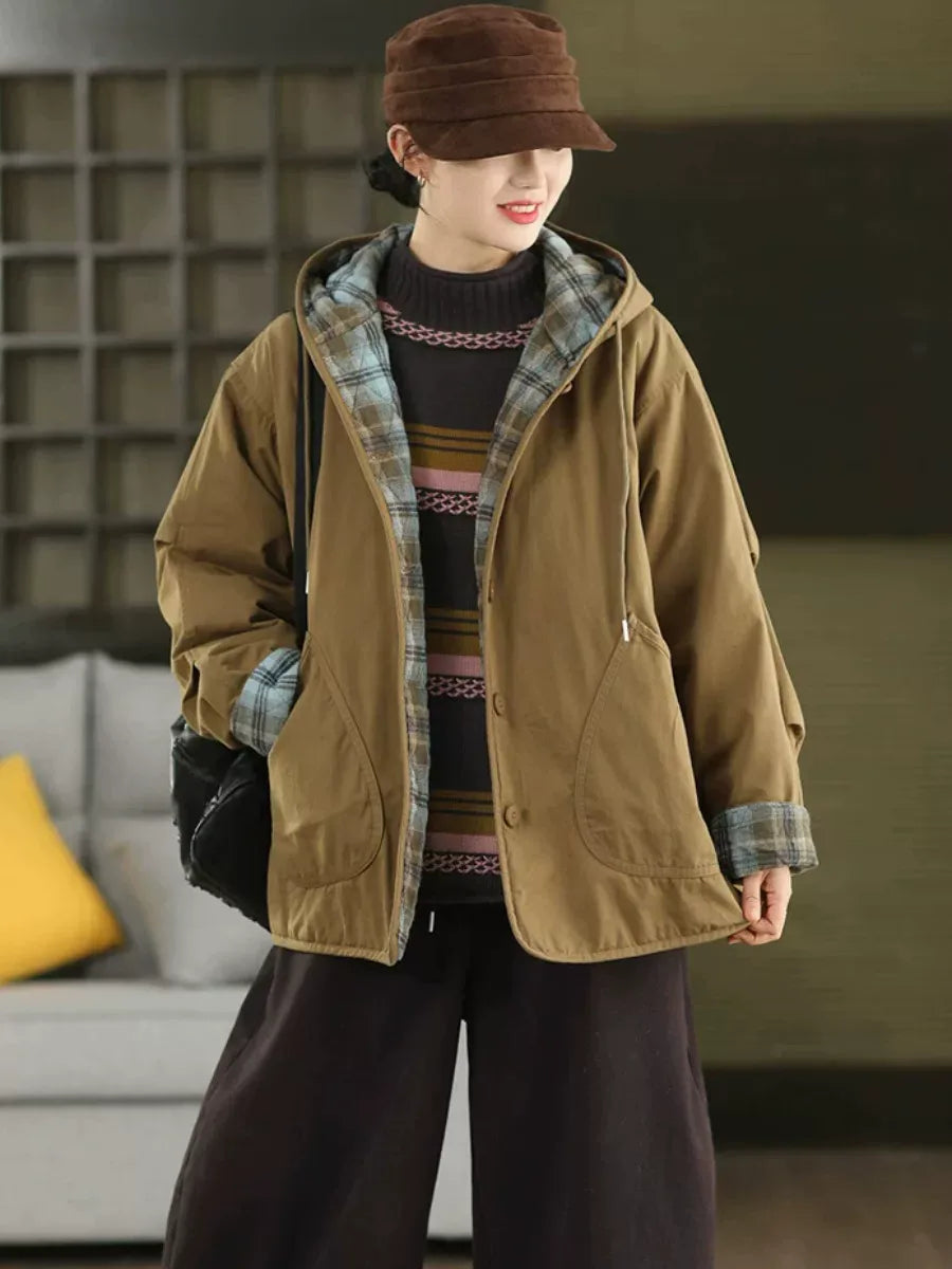Hooded Button-Front Jacket with Plaid Lining