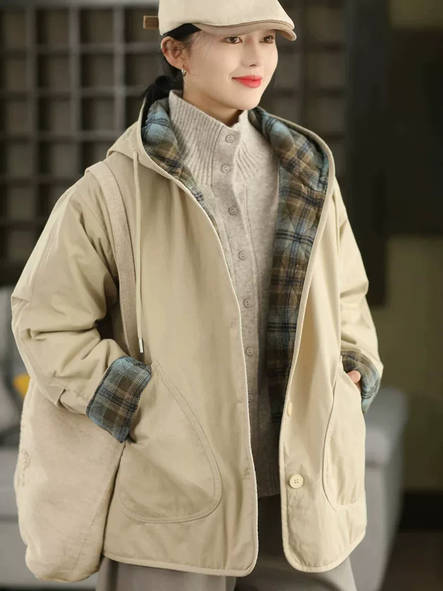 Hooded Button-Front Jacket with Plaid Lining