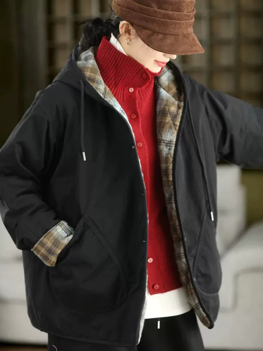 Hooded Button-Front Jacket with Plaid Lining