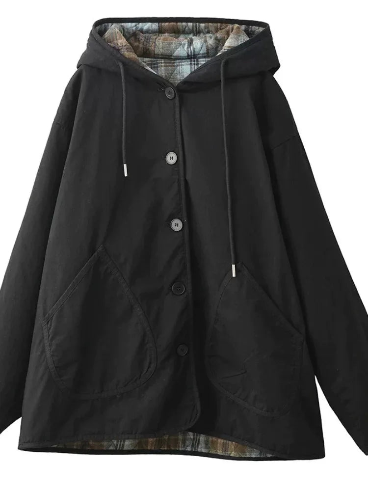 Hooded Button-Front Jacket with Plaid Lining