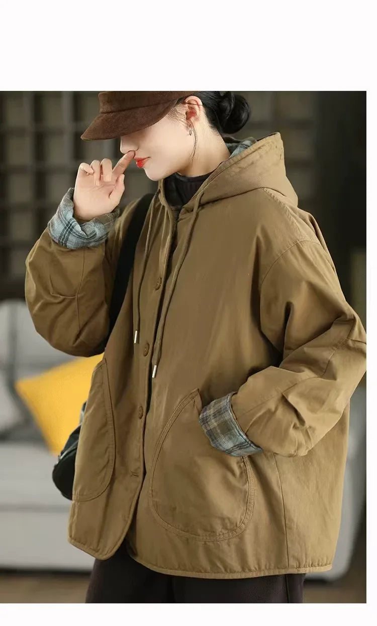 Hooded Button-Front Jacket with Plaid Lining