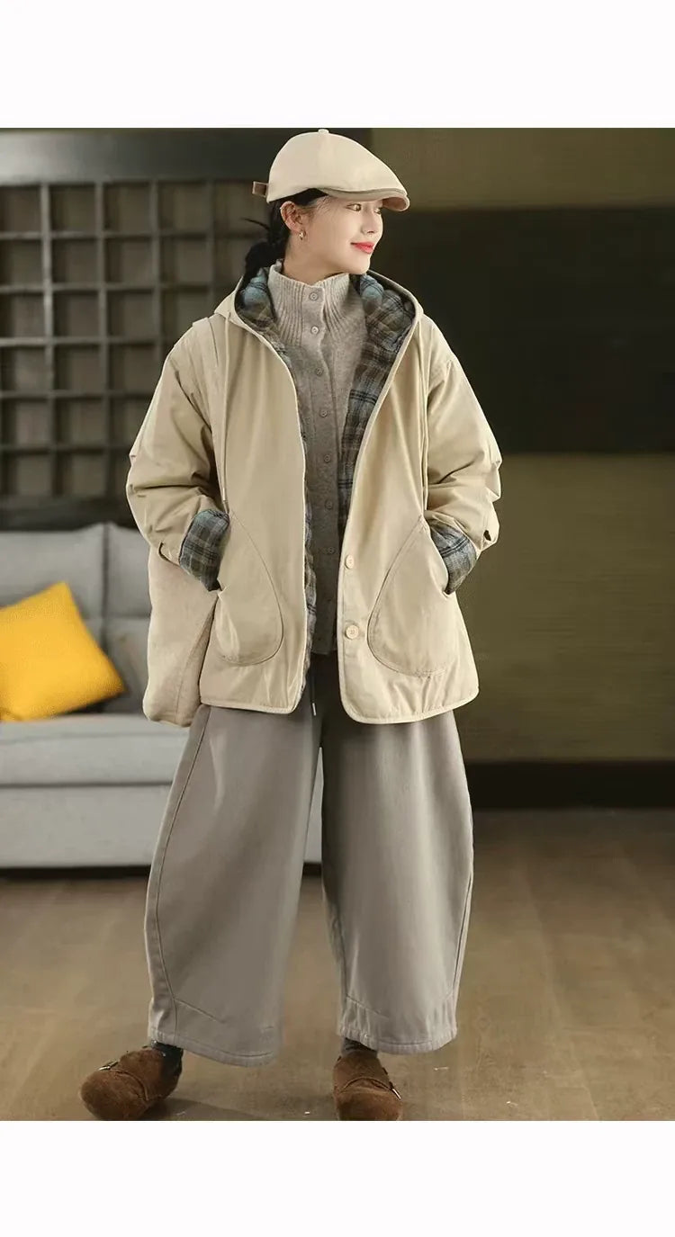 Hooded Button-Front Jacket with Plaid Lining