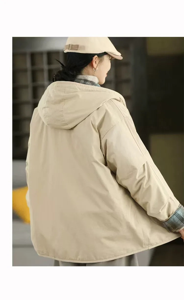 Hooded Button-Front Jacket with Plaid Lining
