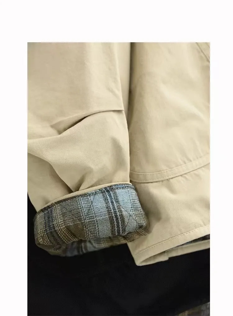 Hooded Button-Front Jacket with Plaid Lining