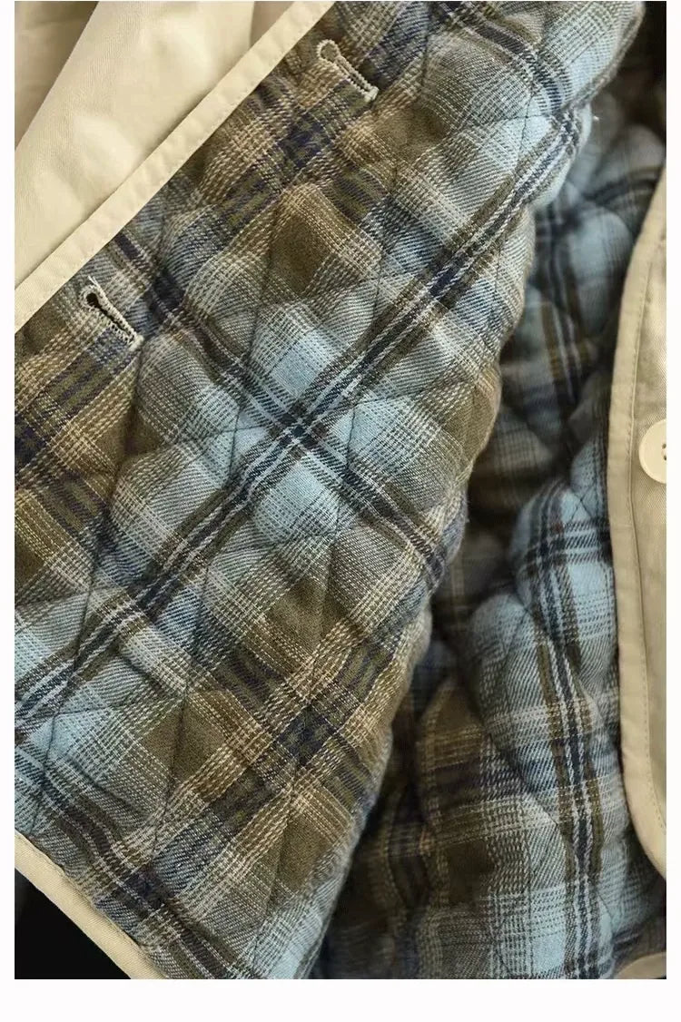 Hooded Button-Front Jacket with Plaid Lining